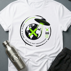 Travel Review sci-fi t-shirt — UFO abducting Earth with zero-star alien review — Navy unisex tee — Apsion Outpost