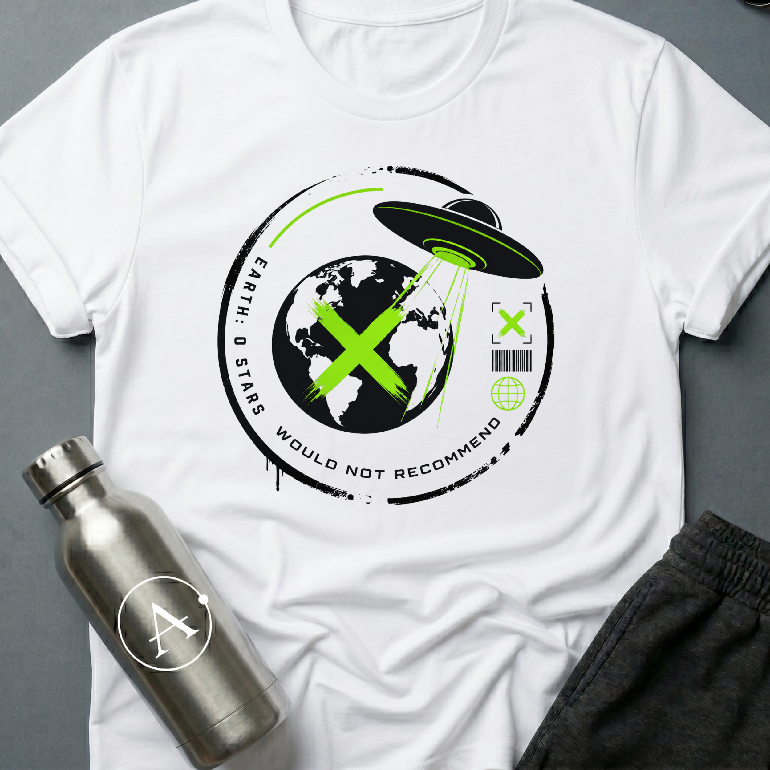 Travel Review sci-fi t-shirt — UFO abducting Earth with zero-star alien review — Navy unisex tee — Apsion Outpost