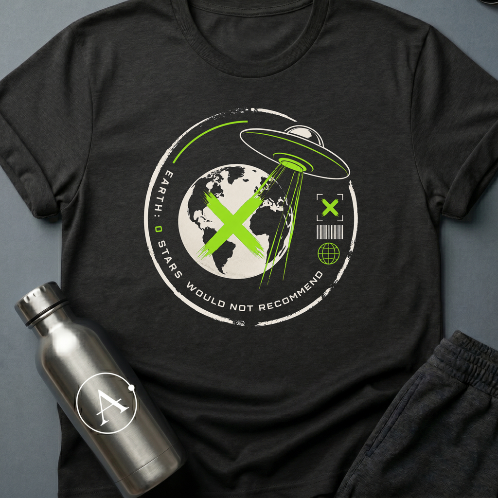 Travel Review sci-fi t-shirt — UFO abducting Earth with zero-star alien review — White unisex tee — Apsion Outpost