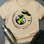 Travel Review sci-fi t-shirt — UFO abducting Earth with zero-star alien review — Natural unisex tee — Apsion Outpost