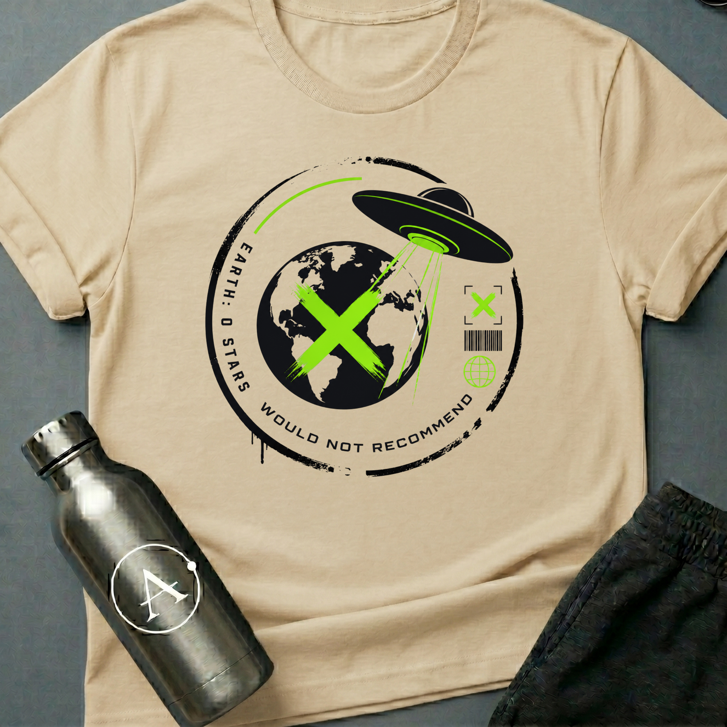Travel Review sci-fi t-shirt — UFO abducting Earth with zero-star alien review — Natural unisex tee — Apsion Outpost