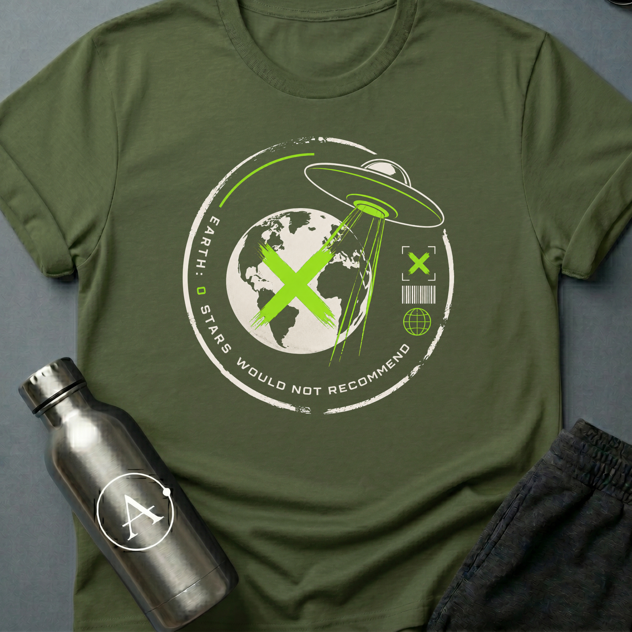 Travel Review sci-fi t-shirt — UFO abducting Earth with zero-star alien review — Dark Heather unisex tee — Apsion Outpost