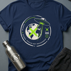 Travel Review sci-fi t-shirt — UFO abducting Earth with zero-star alien review — Military Green unisex tee — Apsion Outpost