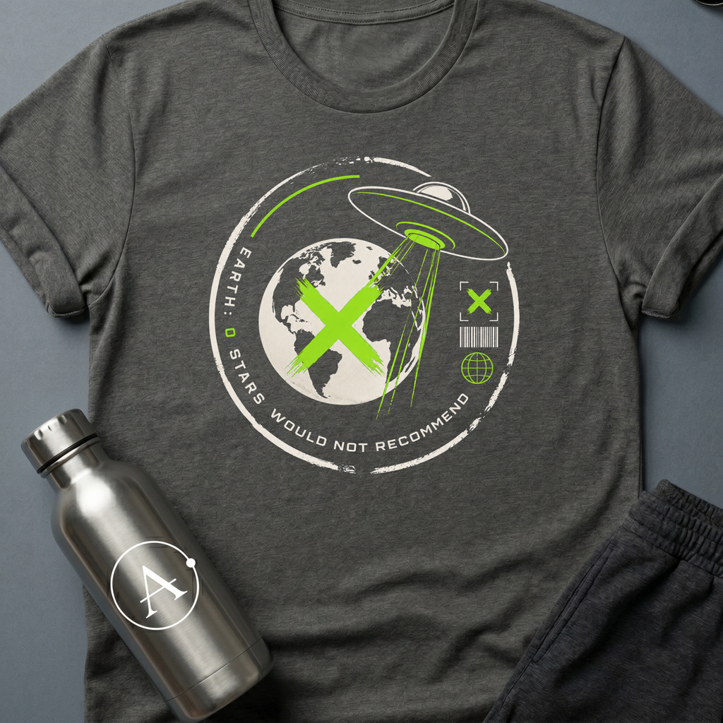 Travel Review sci-fi t-shirt — UFO abducting Earth with zero-star alien review — Black unisex tee — Apsion Outpost