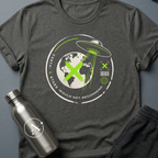 Travel Review sci-fi t-shirt — UFO abducting Earth with zero-star alien review — Black unisex tee — Apsion Outpost