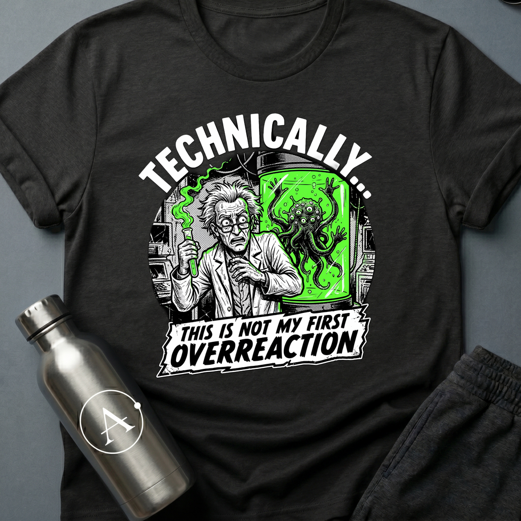 Workplace Incident sci-fi t-shirt — mad scientist next to tentacled cryptid in specimen tank — White unisex tee — Apsion Outpost
