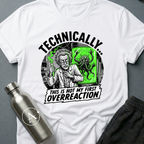 Workplace Incident sci-fi t-shirt — mad scientist next to tentacled cryptid in specimen tank — Military Green unisex tee — Apsion Outpost