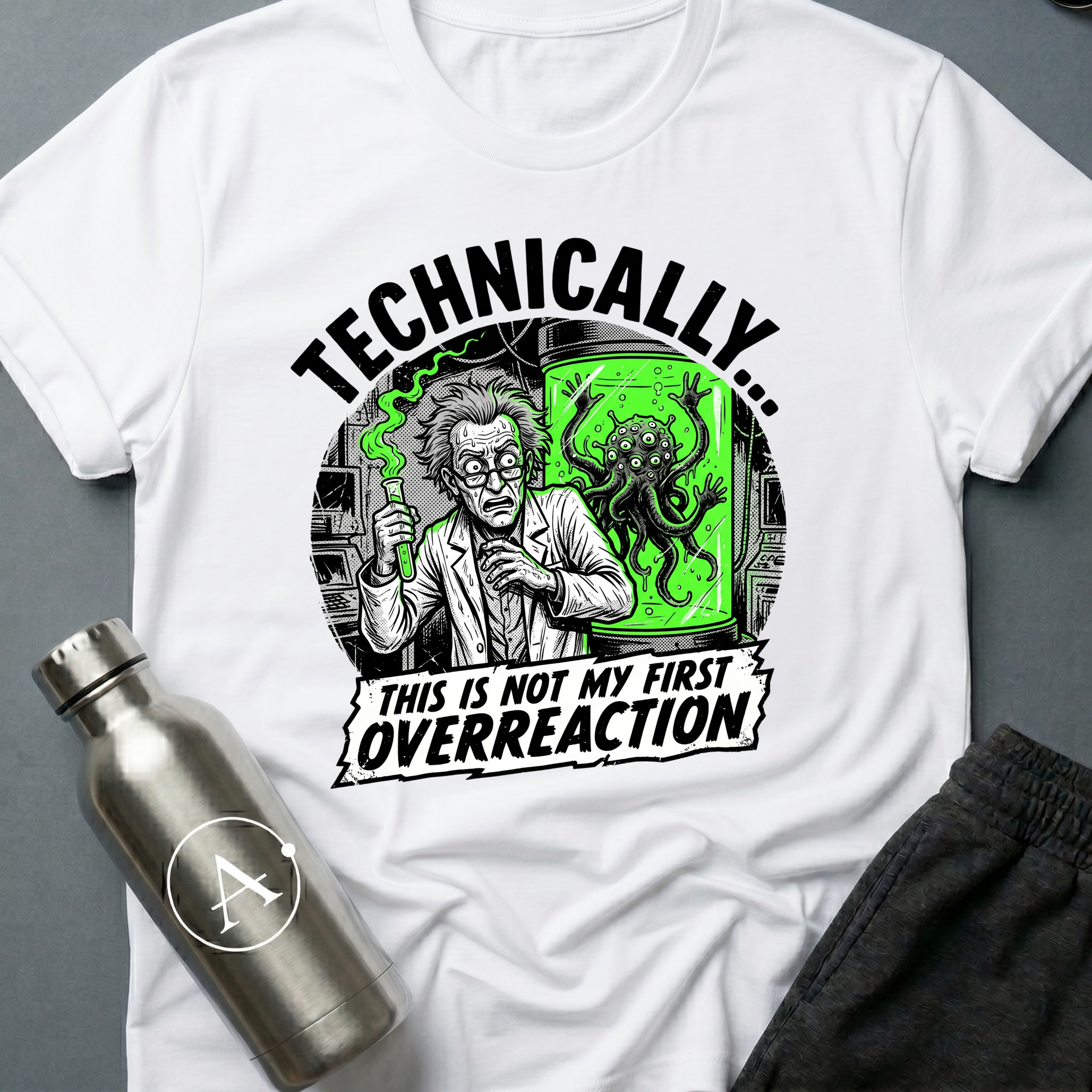 Workplace Incident sci-fi t-shirt — mad scientist next to tentacled cryptid in specimen tank — Military Green unisex tee — Apsion Outpost
