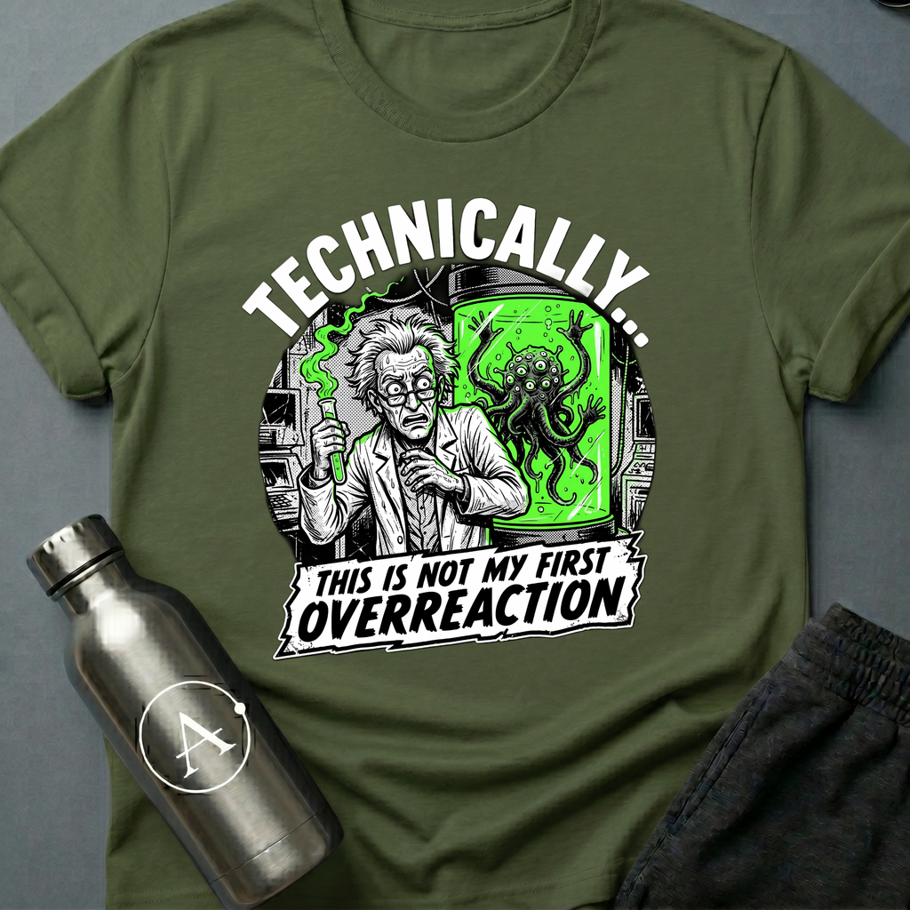 Workplace Incident sci-fi t-shirt — mad scientist next to tentacled cryptid in specimen tank — Navy unisex tee — Apsion Outpost