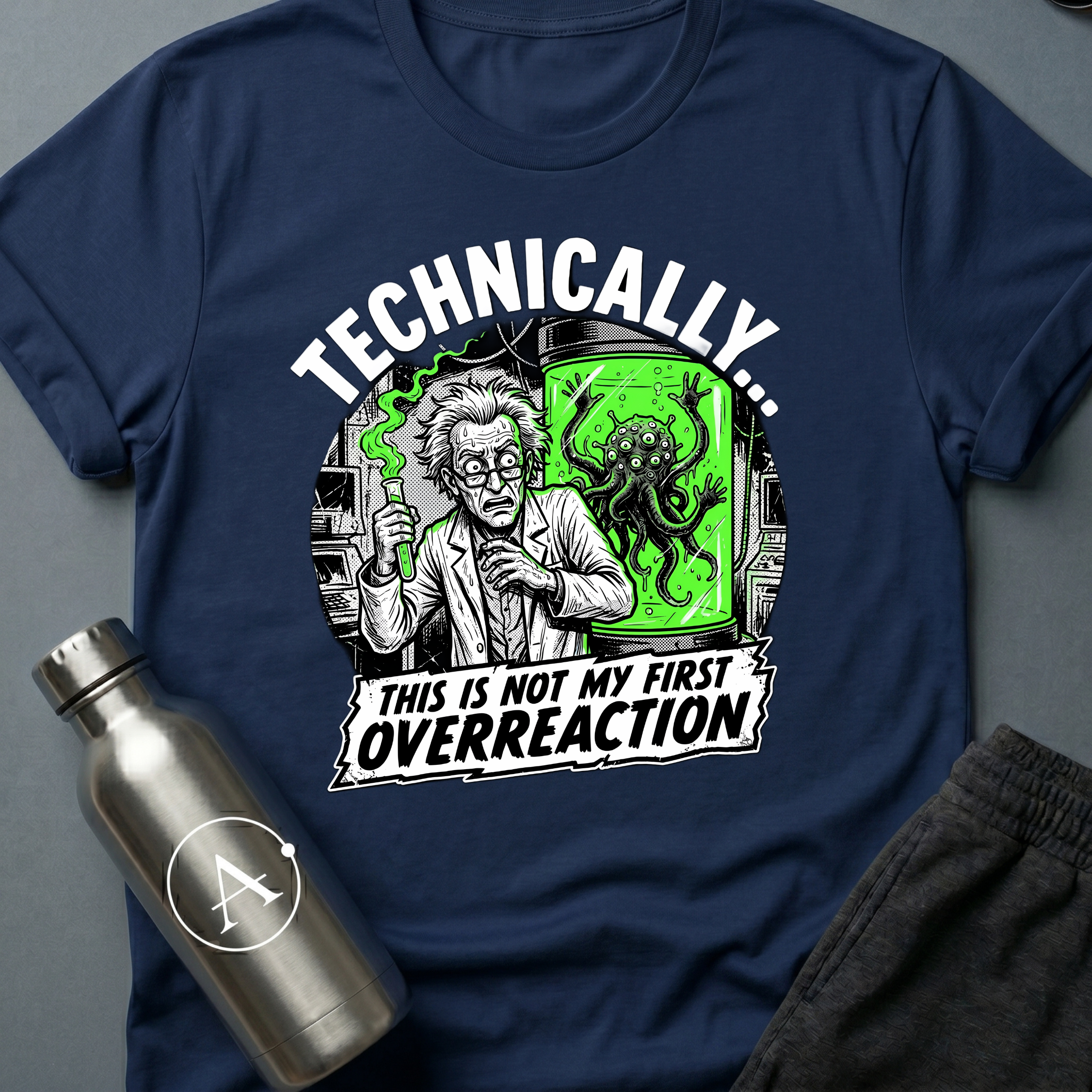 Workplace Incident sci-fi t-shirt — mad scientist next to tentacled cryptid in specimen tank — Black unisex tee — Apsion Outpost