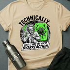 Workplace Incident sci-fi t-shirt — mad scientist next to tentacled cryptid in specimen tank — Natural unisex tee — Apsion Outpost