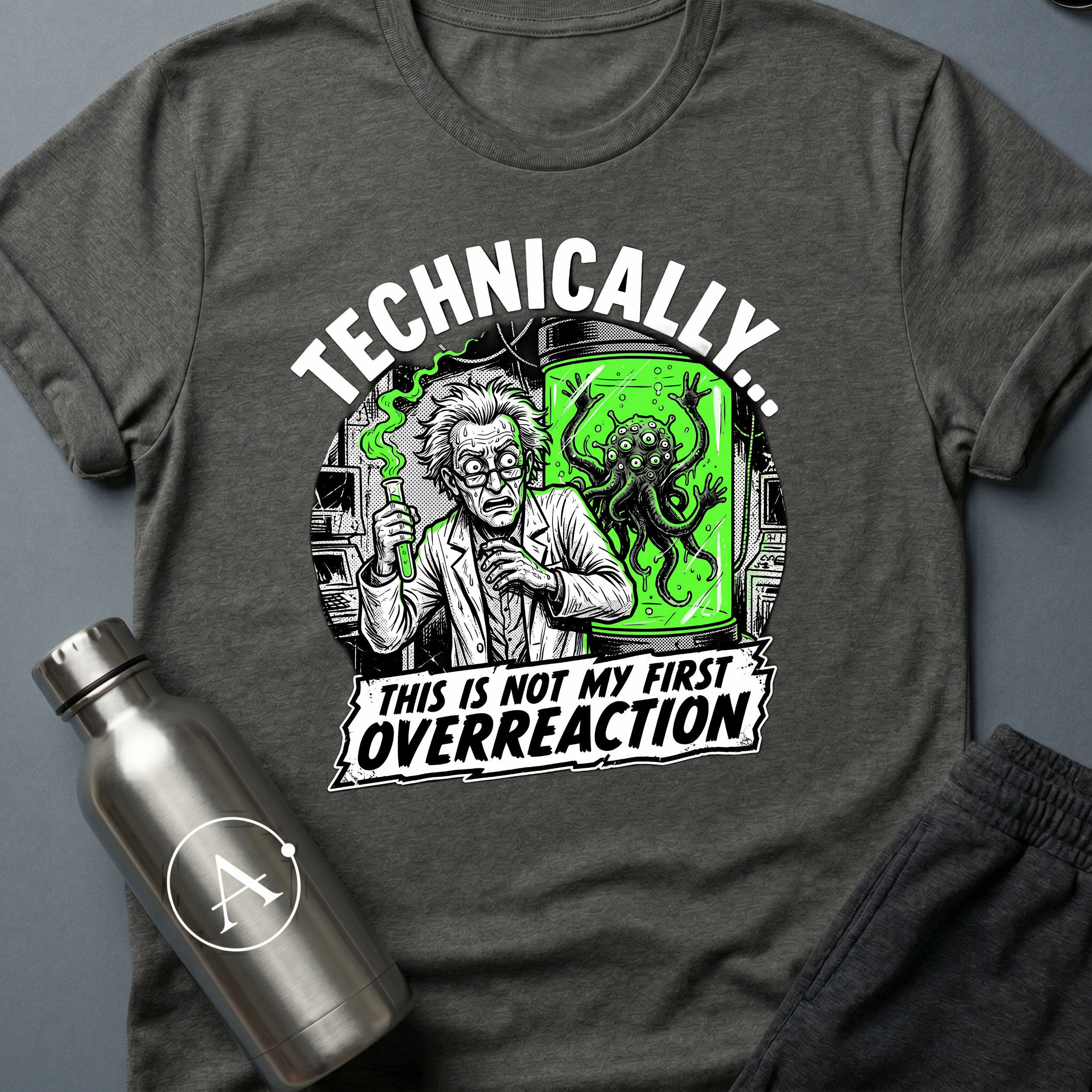 Workplace Incident sci-fi t-shirt — mad scientist next to tentacled cryptid in specimen tank — Dark Heather unisex tee — Apsion Outpost