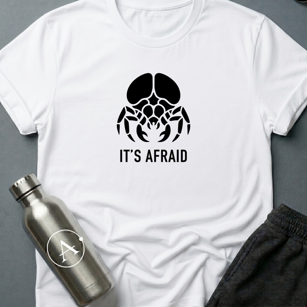 Would You Like to Know More? sci-fi t-shirt — minimalist brain-bug cryptid fearing capture — Navy unisex tee — Apsion Outpost