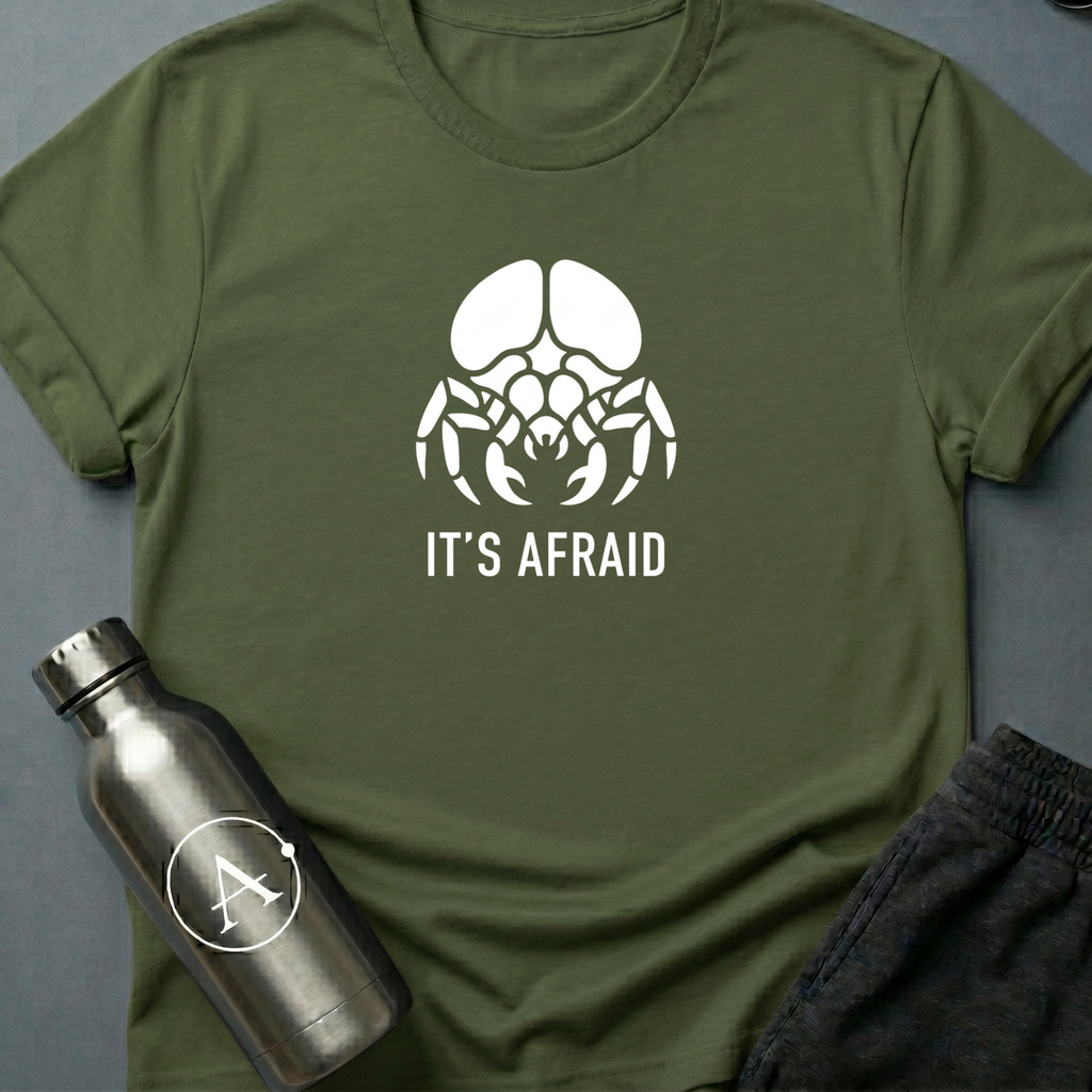 Would You Like to Know More? sci-fi t-shirt — minimalist brain-bug cryptid fearing capture — Dark Heather unisex tee — Apsion Outpost