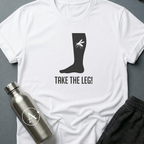 Better Safe Than Limbed sci-fi t-shirt — mosquito on a bare leg, dramatic overreaction — White unisex tee — Apsion Outpost