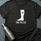 Better Safe Than Limbed sci-fi t-shirt — mosquito on a bare leg, dramatic overreaction — Dark Heather unisex tee — Apsion Outpost