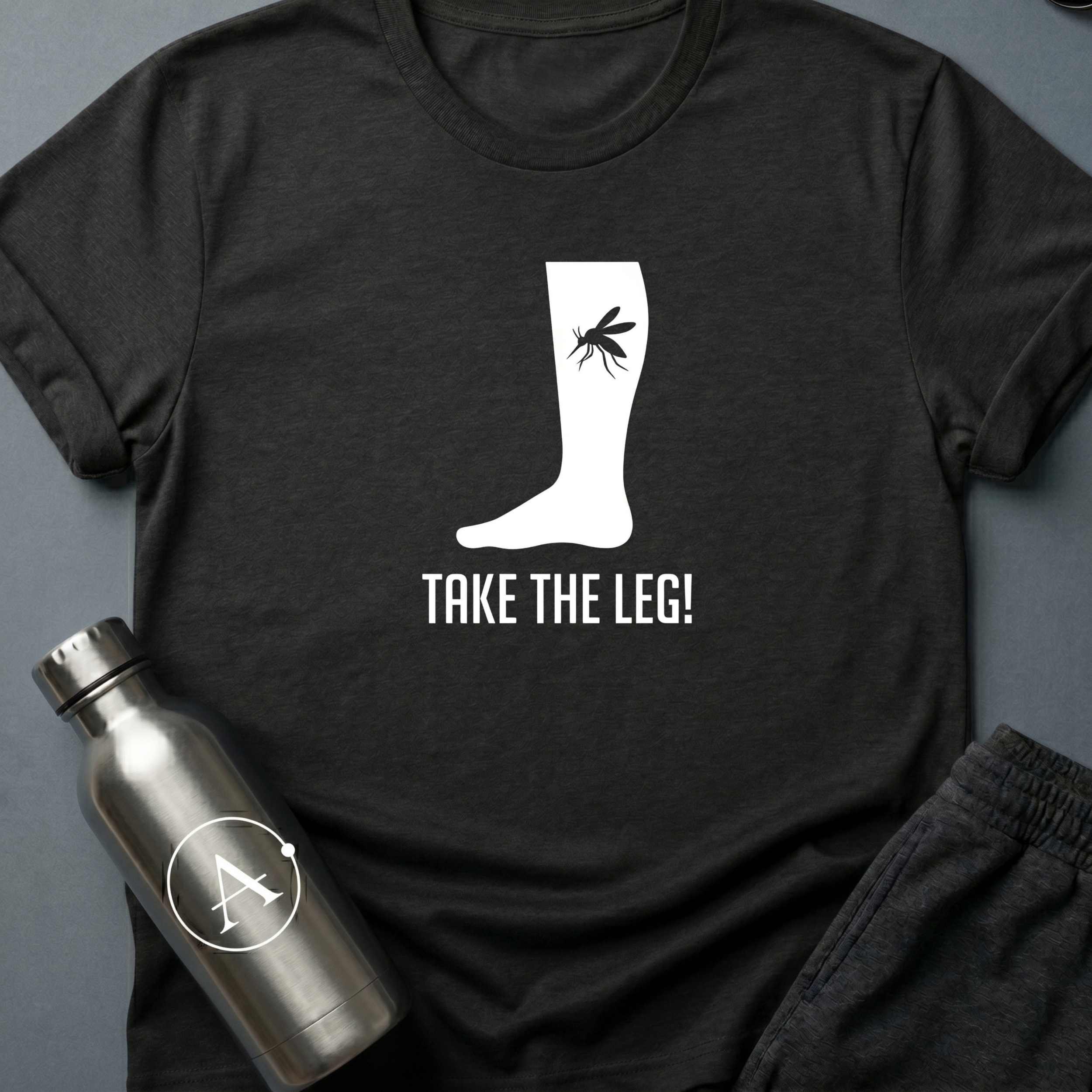 Better Safe Than Limbed sci-fi t-shirt — mosquito on a bare leg, dramatic overreaction — Dark Heather unisex tee — Apsion Outpost