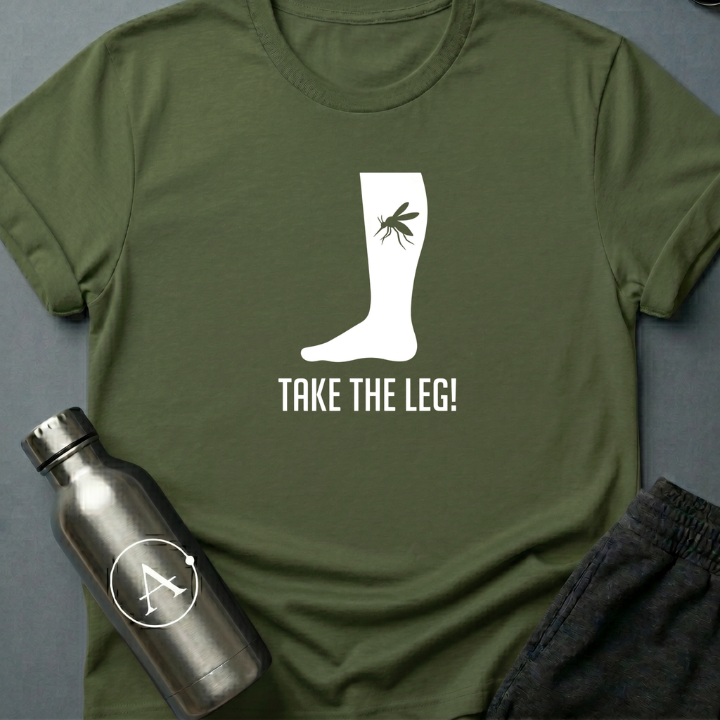 Better Safe Than Limbed sci-fi t-shirt — mosquito on a bare leg, dramatic overreaction — Military Green unisex tee — Apsion Outpost