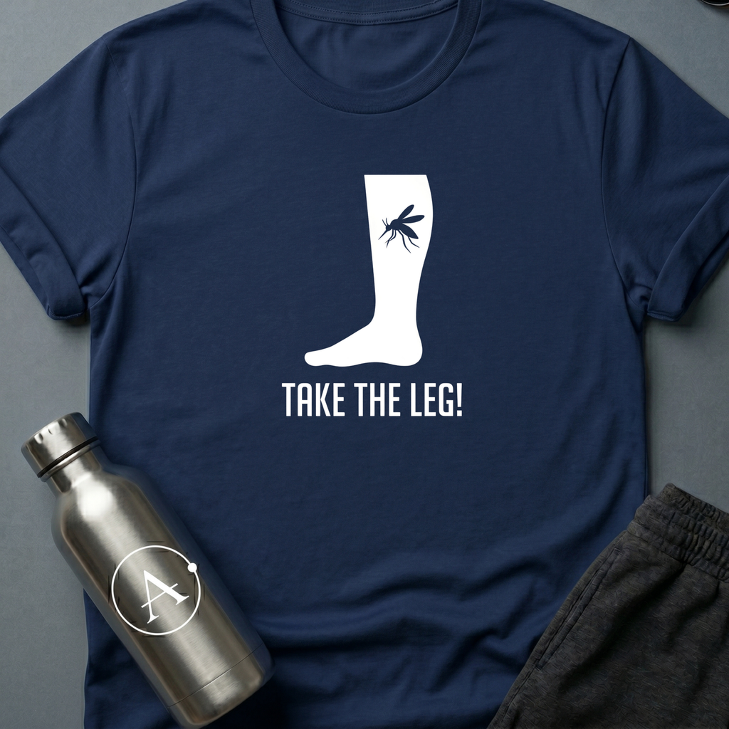 Better Safe Than Limbed sci-fi t-shirt — mosquito on a bare leg, dramatic overreaction — Navy unisex tee — Apsion Outpost