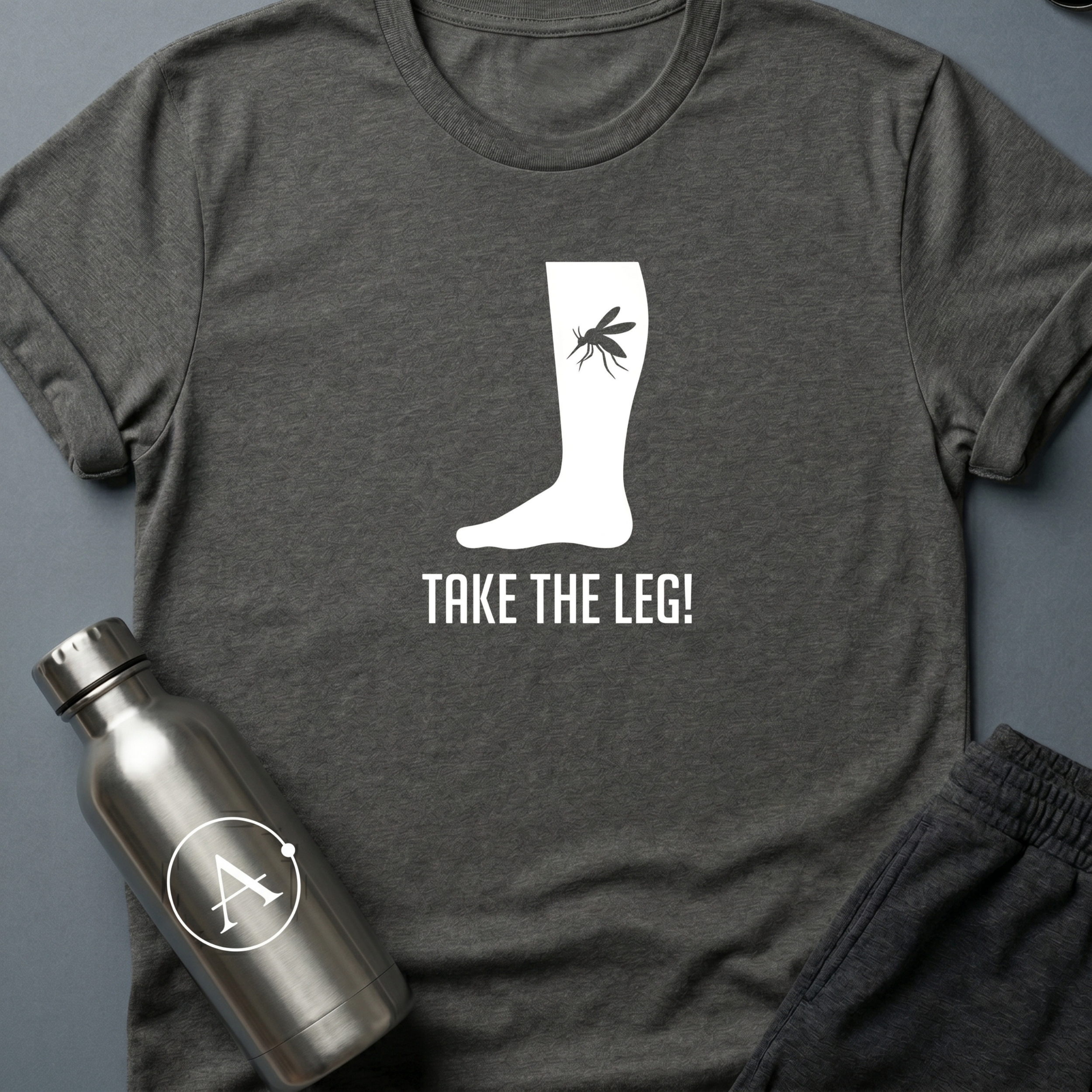 Better Safe Than Limbed sci-fi t-shirt — mosquito on a bare leg, dramatic overreaction — Black unisex tee — Apsion Outpost