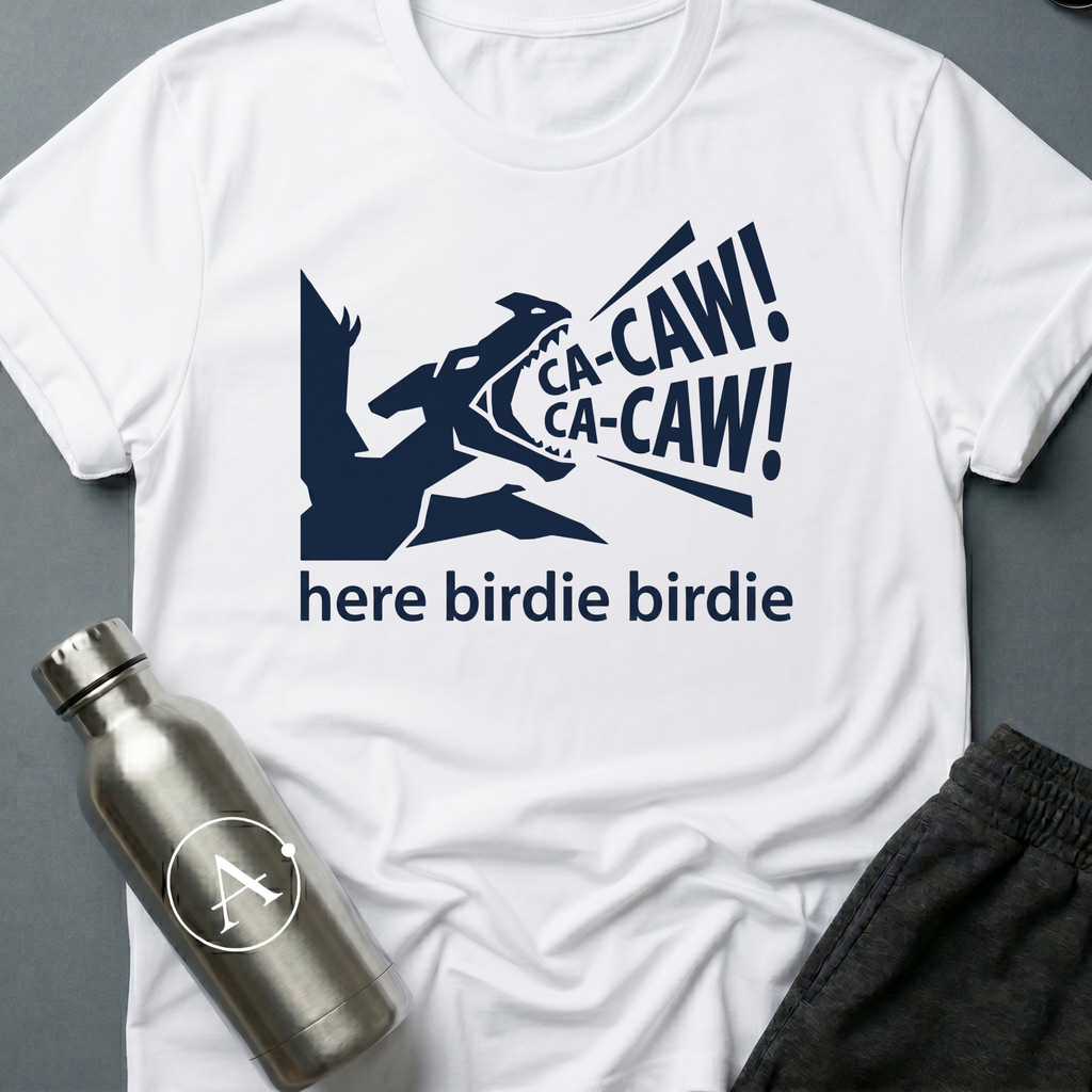 Confident Misidentification sci-fi t-shirt — pteranodon cryptid being called like a parakeet — White unisex tee — Apsion Outpost