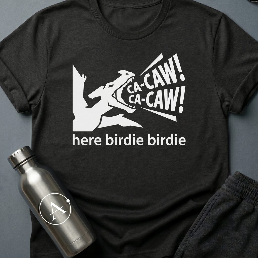 Confident Misidentification sci-fi t-shirt — pteranodon cryptid being called like a parakeet — Dark Heather unisex tee — Apsion Outpost