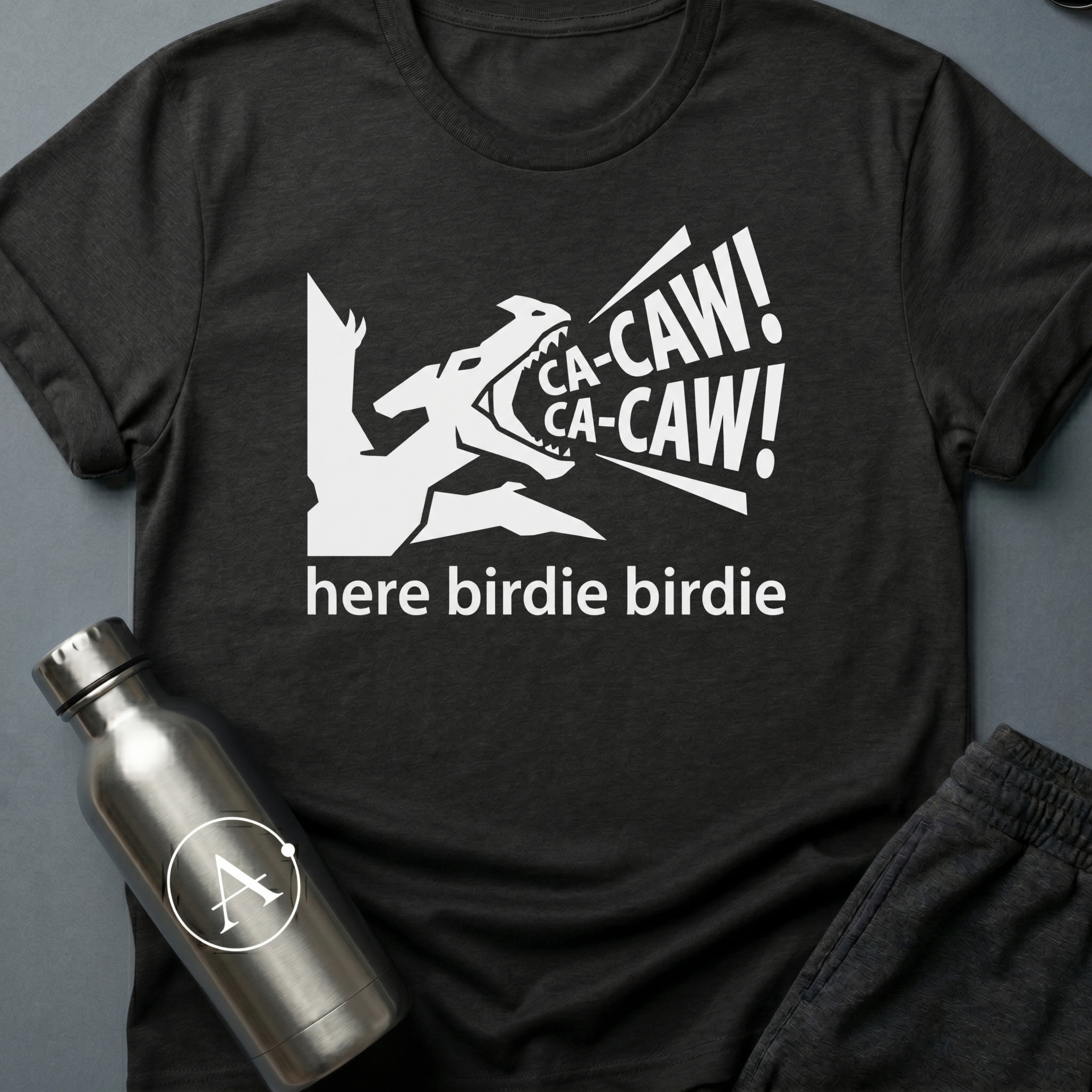 Confident Misidentification sci-fi t-shirt — pteranodon cryptid being called like a parakeet — Dark Heather unisex tee — Apsion Outpost