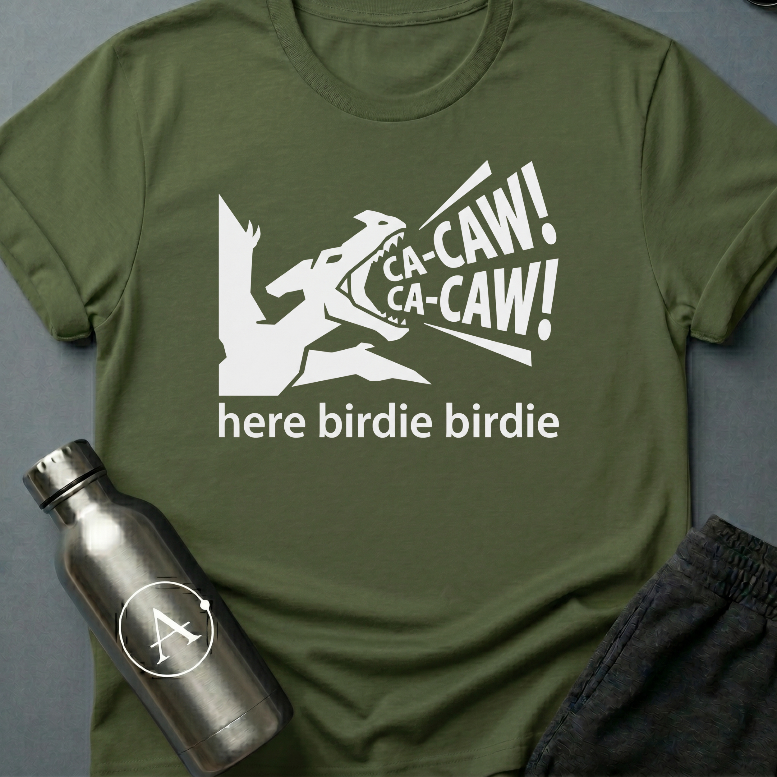 Confident Misidentification sci-fi t-shirt — pteranodon cryptid being called like a parakeet — Military Green unisex tee — Apsion Outpost