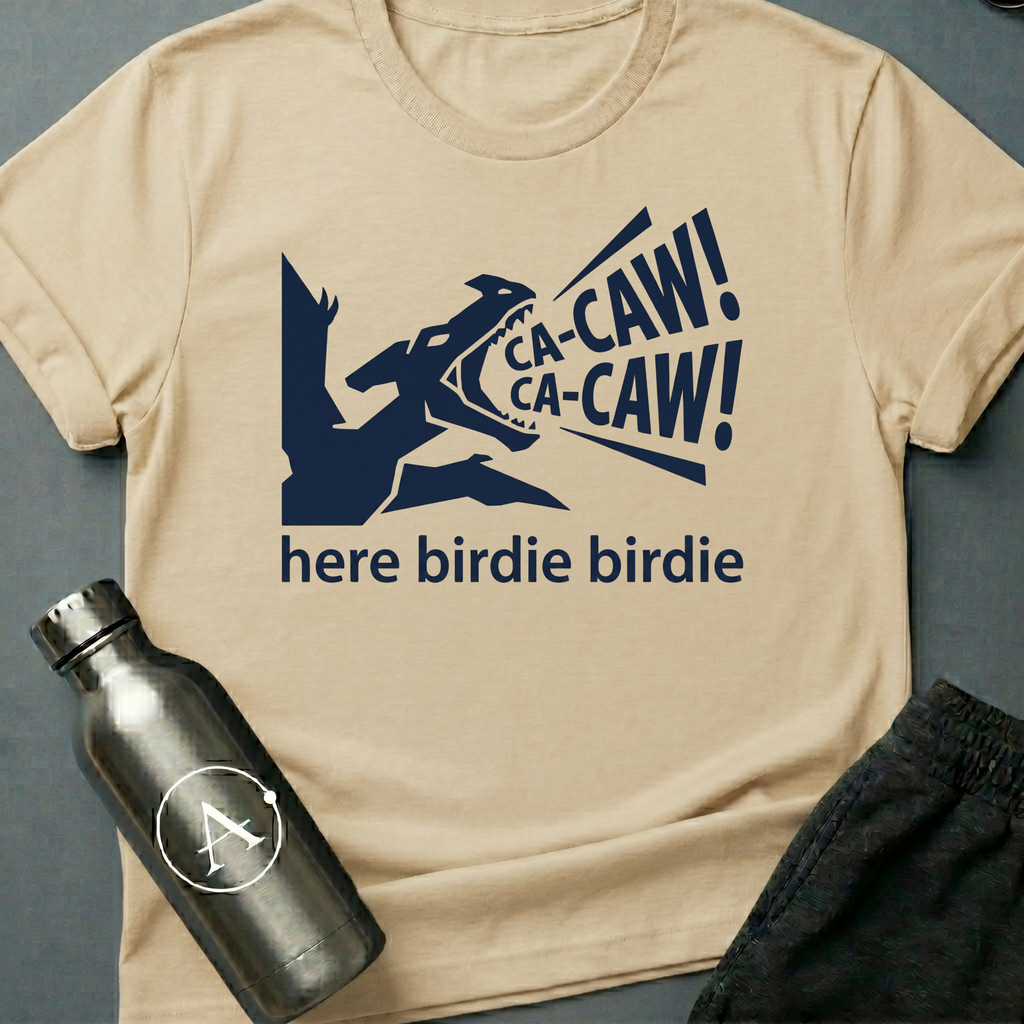 Confident Misidentification sci-fi t-shirt — pteranodon cryptid being called like a parakeet — Natural unisex tee — Apsion Outpost