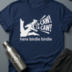 Confident Misidentification sci-fi t-shirt — pteranodon cryptid being called like a parakeet — Navy unisex tee — Apsion Outpost
