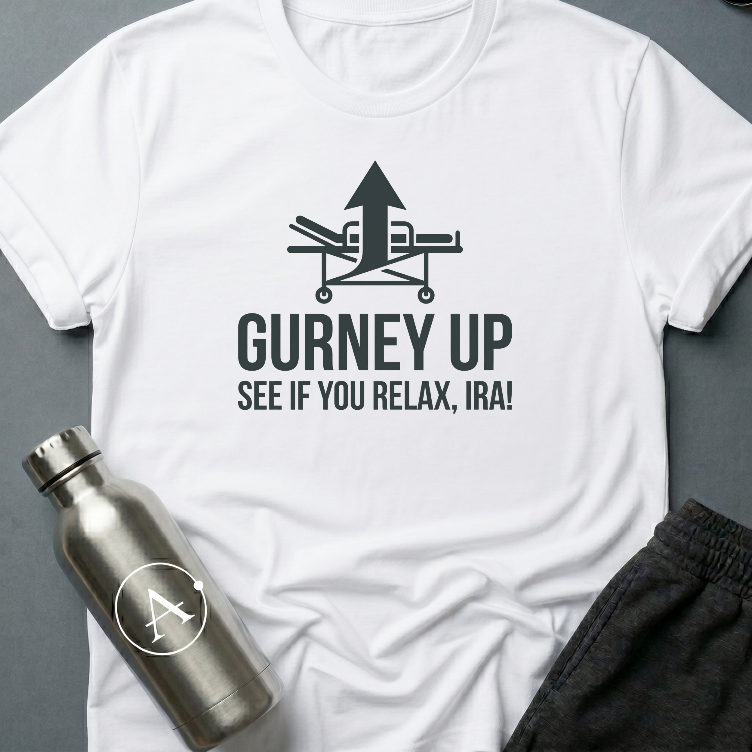 Bedside Manner sci-fi t-shirt — emergency gurney with calm-down command — White unisex tee — Apsion Outpost