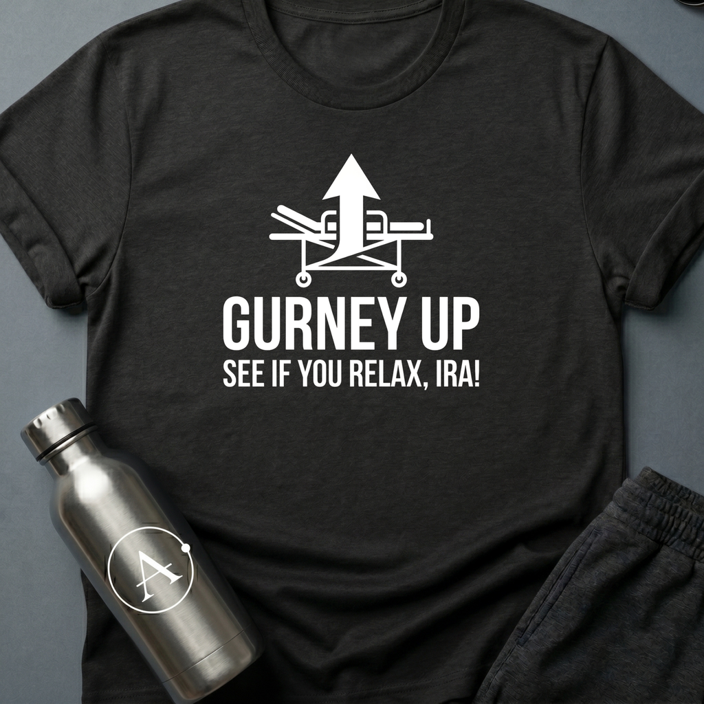 Bedside Manner sci-fi t-shirt — emergency gurney with calm-down command — Black unisex tee — Apsion Outpost