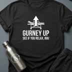 Bedside Manner sci-fi t-shirt — emergency gurney with calm-down command — Black unisex tee — Apsion Outpost