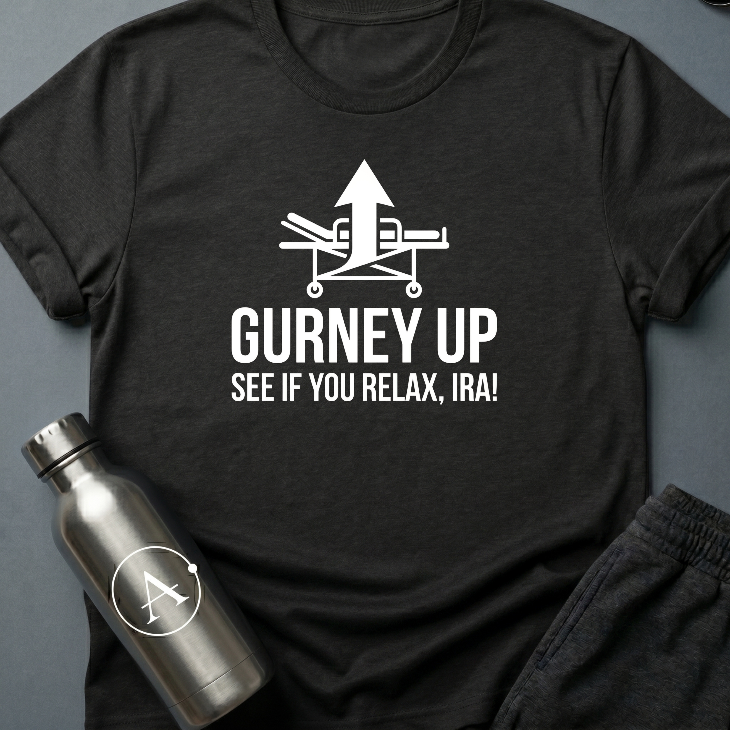 Bedside Manner sci-fi t-shirt — emergency gurney with calm-down command — Black unisex tee — Apsion Outpost