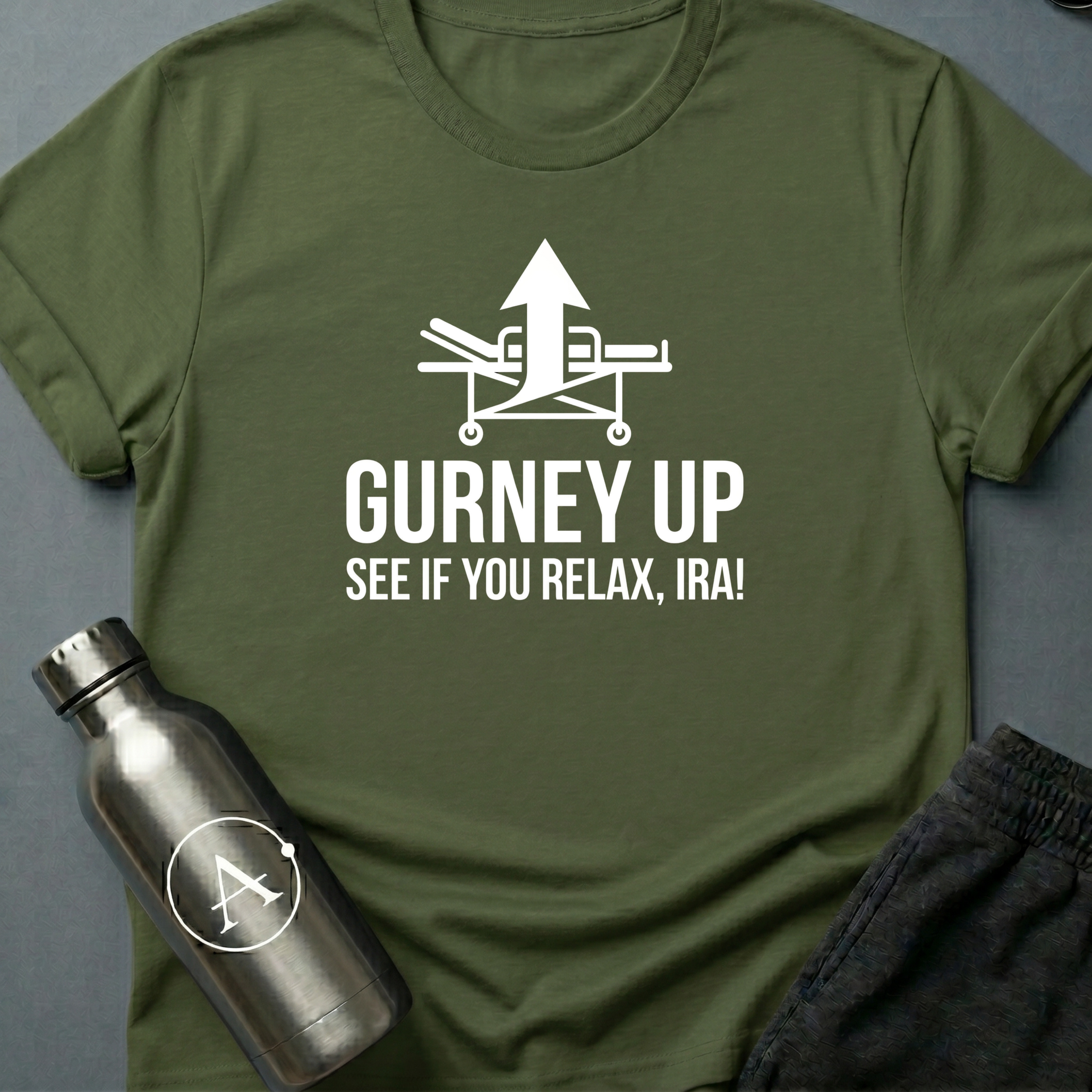 Bedside Manner sci-fi t-shirt — emergency gurney with calm-down command — Military Green unisex tee — Apsion Outpost