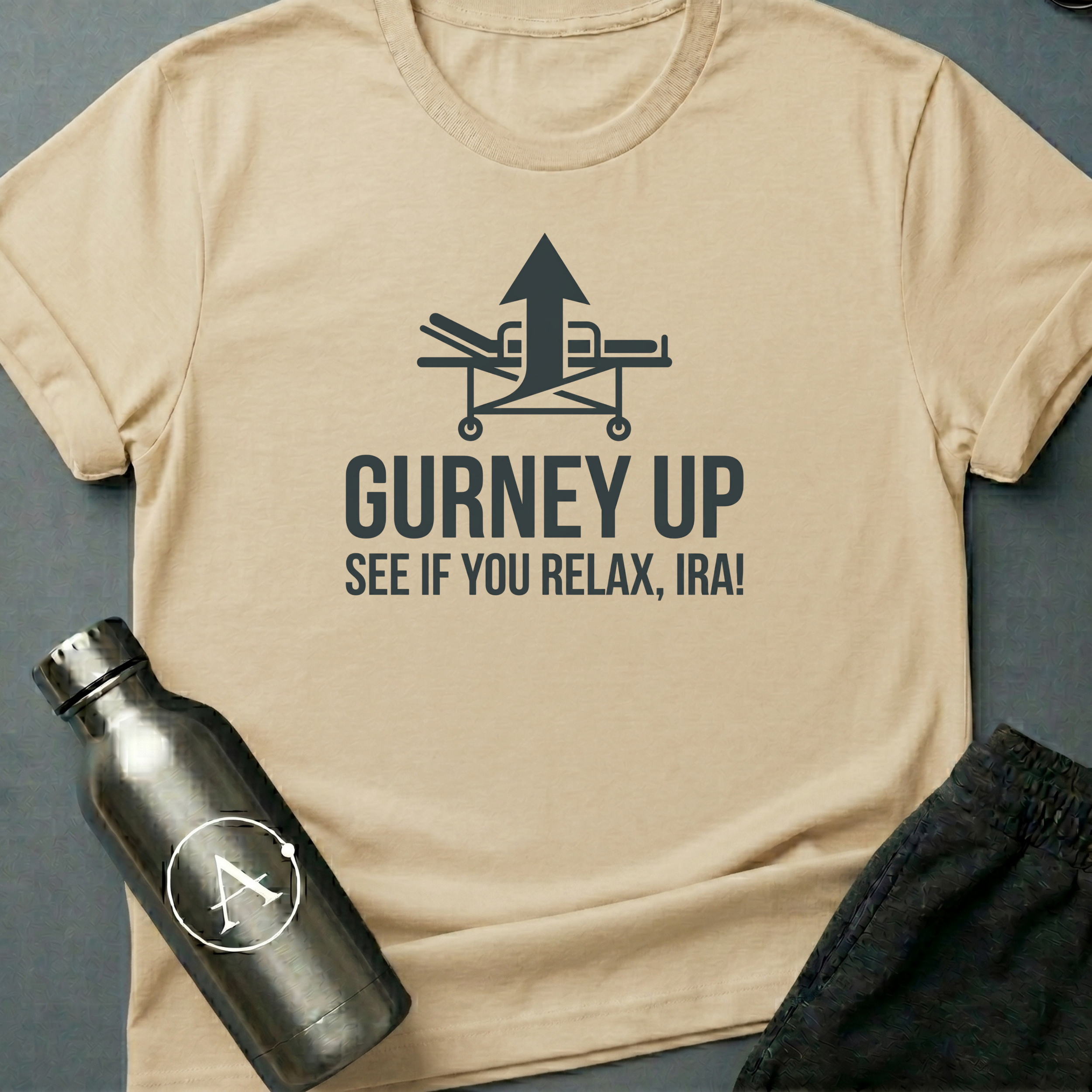 Bedside Manner sci-fi t-shirt — emergency gurney with calm-down command — Natural unisex tee — Apsion Outpost