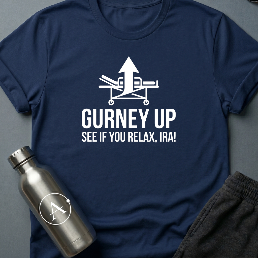 Bedside Manner sci-fi t-shirt — emergency gurney with calm-down command — Navy unisex tee — Apsion Outpost