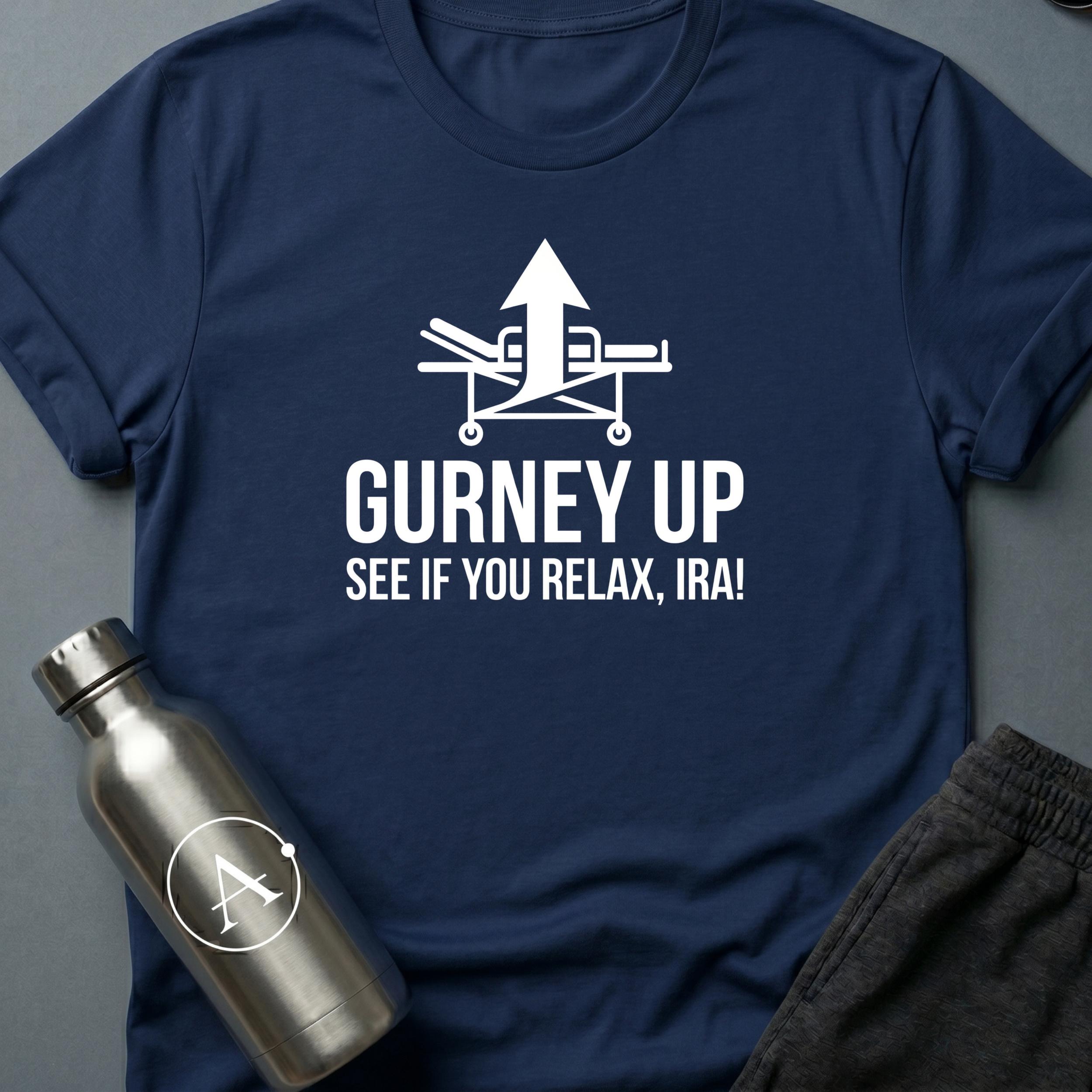 Bedside Manner sci-fi t-shirt — emergency gurney with calm-down command — Navy unisex tee — Apsion Outpost