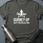 Bedside Manner sci-fi t-shirt — emergency gurney with calm-down command — Dark Heather unisex tee — Apsion Outpost