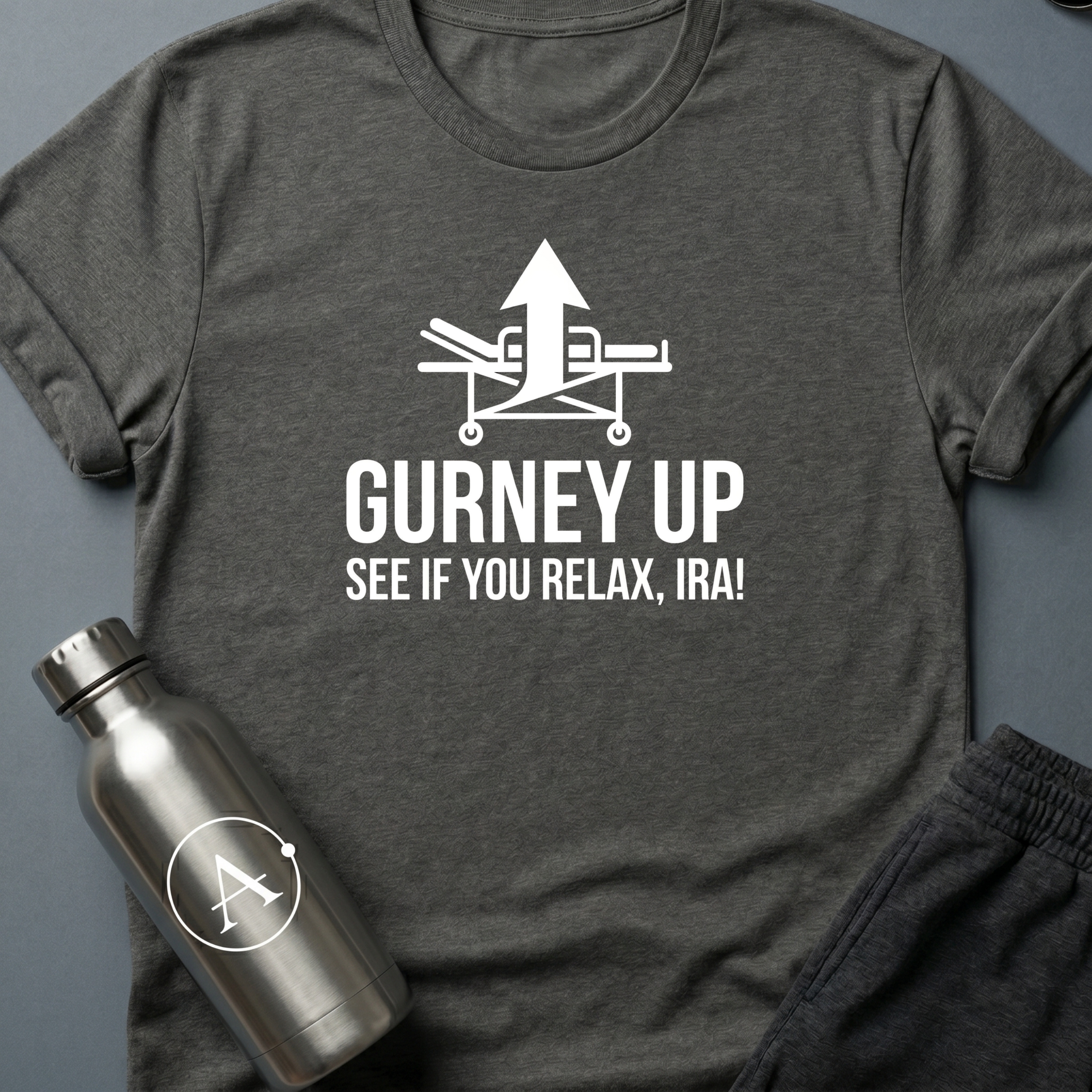 Bedside Manner sci-fi t-shirt — emergency gurney with calm-down command — Dark Heather unisex tee — Apsion Outpost