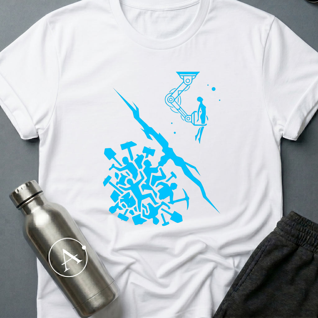 Hands Over Hardware sci-fi t-shirt — humans handing over the better tool above, a primitive swarm with picks below — White unisex tee — Apsion Outpost