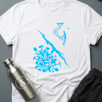 Hands Over Hardware sci-fi t-shirt — humans handing over the better tool above, a primitive swarm with picks below — White unisex tee — Apsion Outpost