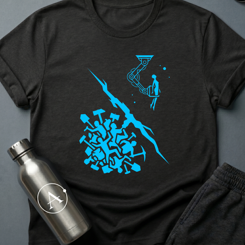 Hands Over Hardware sci-fi t-shirt — humans handing over the better tool above, a primitive swarm with picks below — Black unisex tee — Apsion Outpost
