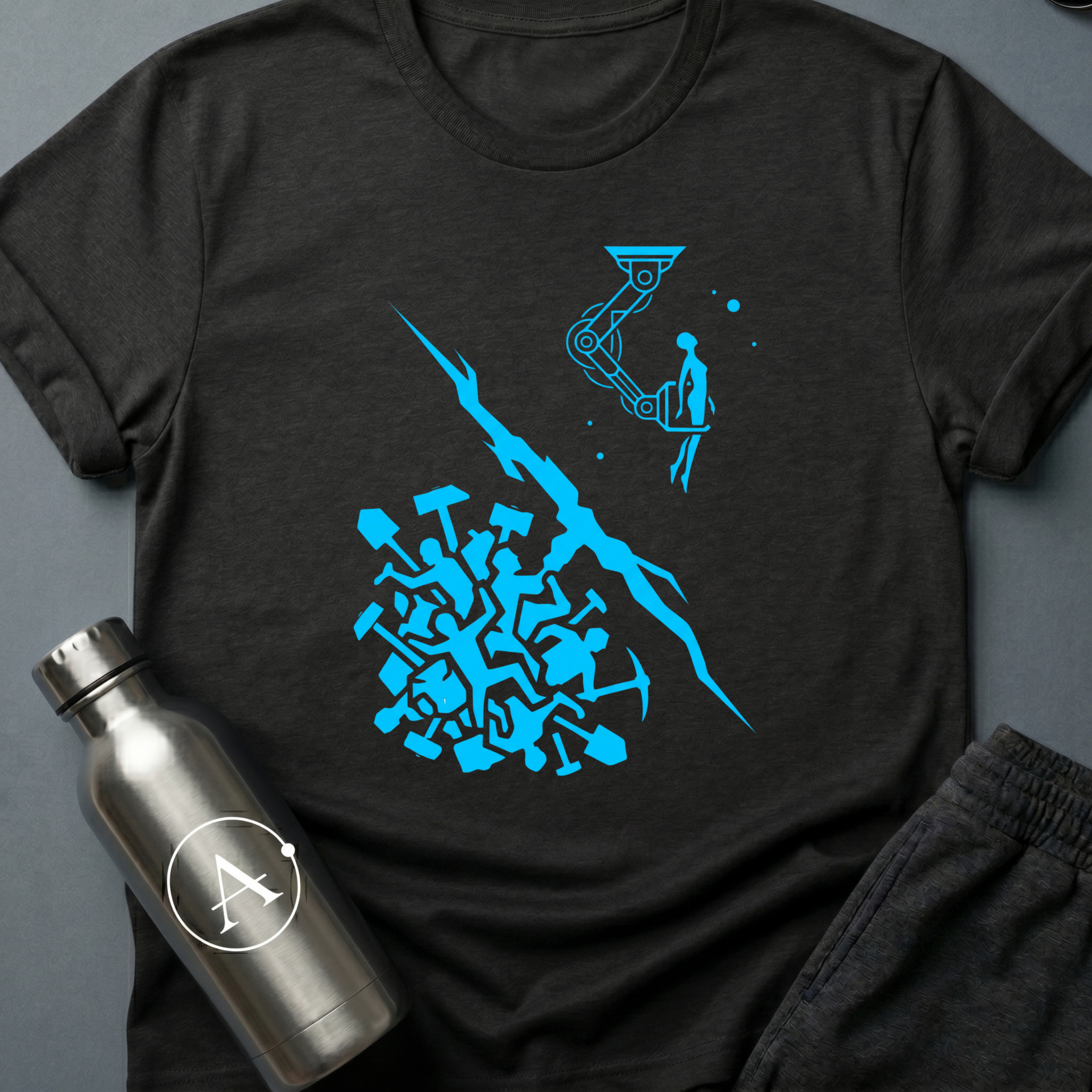 Hands Over Hardware sci-fi t-shirt — humans handing over the better tool above, a primitive swarm with picks below — Black unisex tee — Apsion Outpost