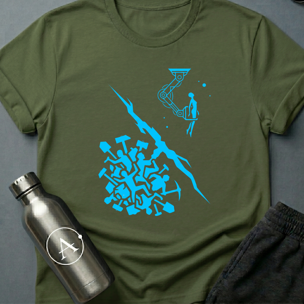 Hands Over Hardware sci-fi t-shirt — humans handing over the better tool above, a primitive swarm with picks below — Military Green unisex tee — Apsion Outpost