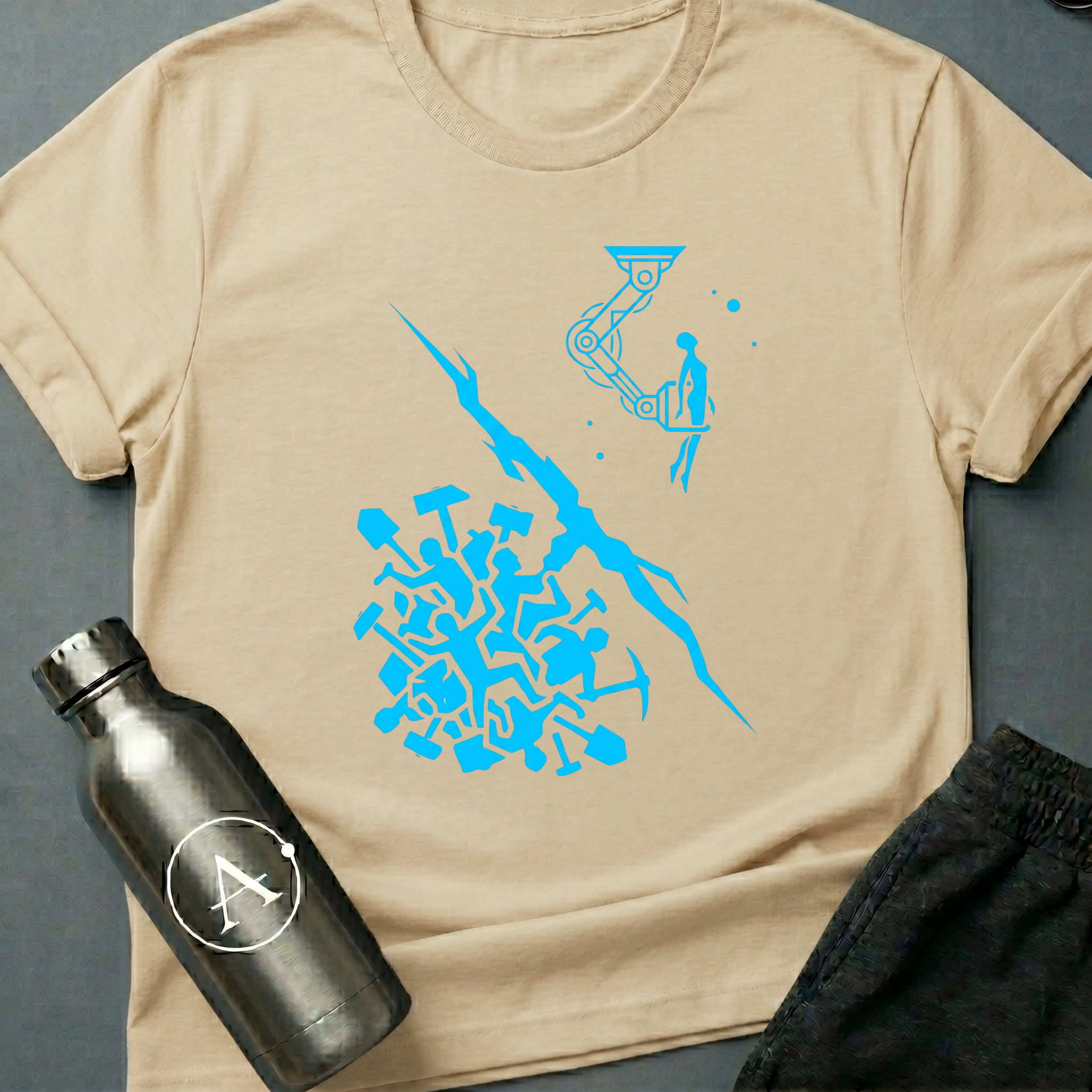Hands Over Hardware sci-fi t-shirt — humans handing over the better tool above, a primitive swarm with picks below — Natural unisex tee — Apsion Outpost