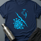 Hands Over Hardware sci-fi t-shirt — humans handing over the better tool above, a primitive swarm with picks below — Navy unisex tee — Apsion Outpost