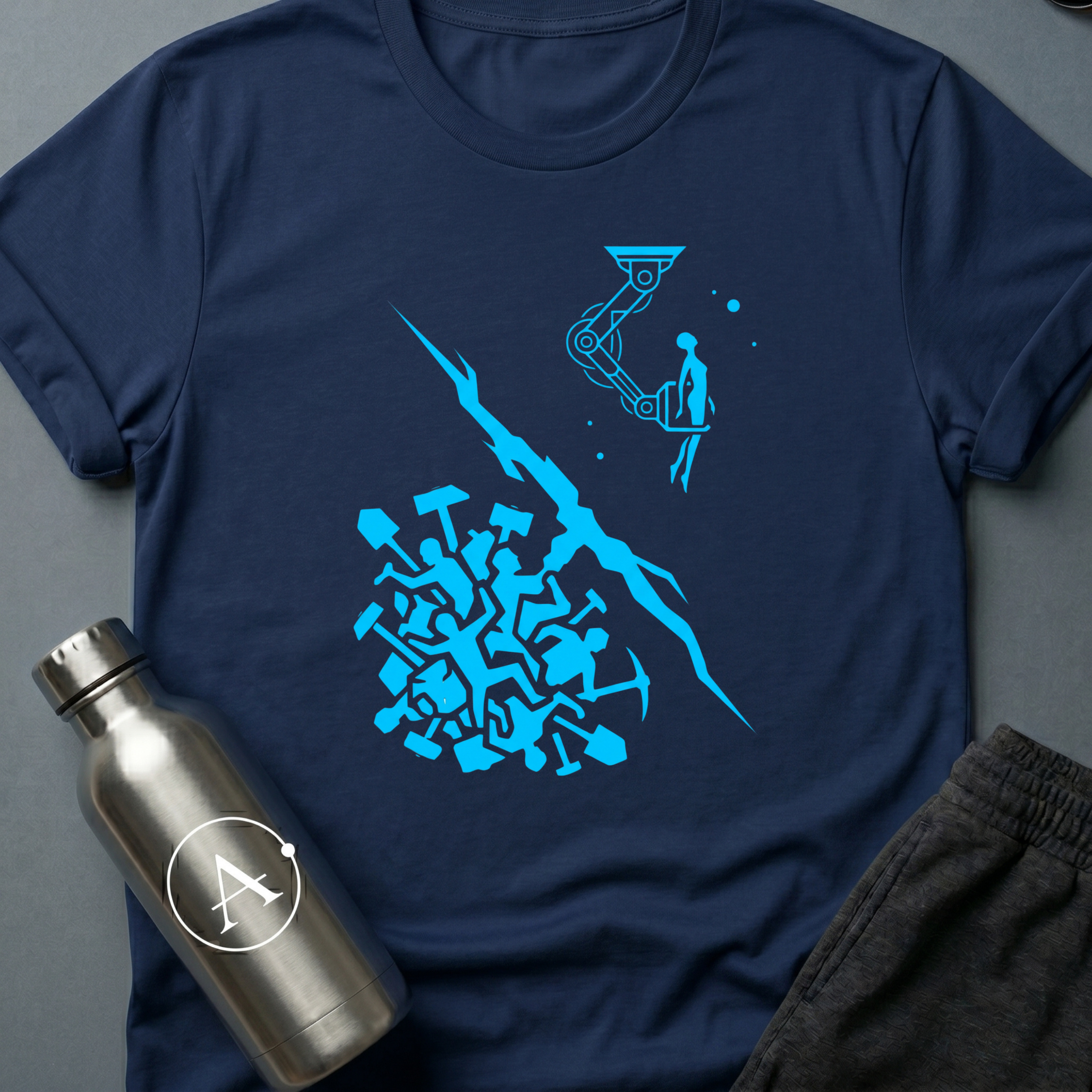 Hands Over Hardware sci-fi t-shirt — humans handing over the better tool above, a primitive swarm with picks below — Navy unisex tee — Apsion Outpost