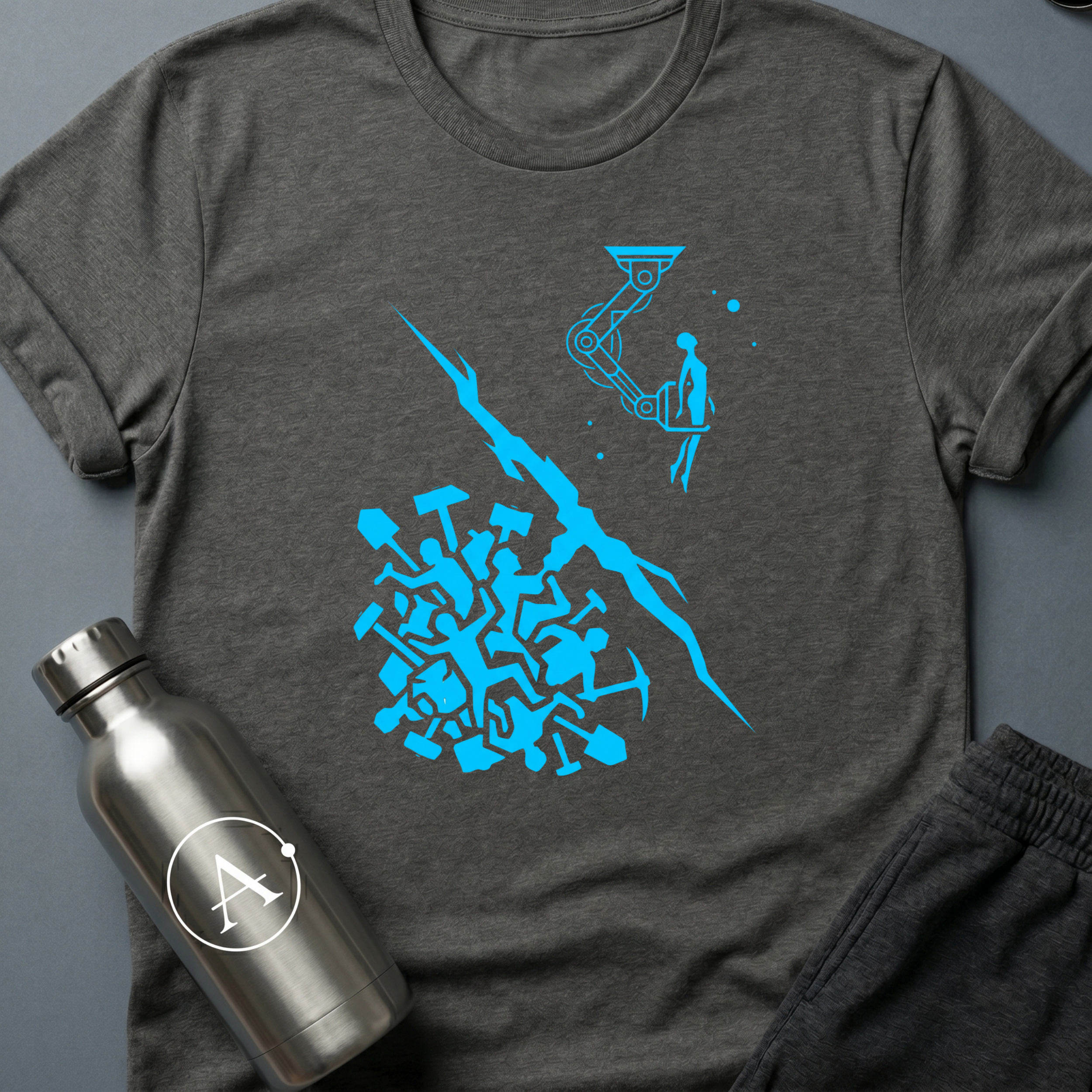 Hands Over Hardware sci-fi t-shirt — humans handing over the better tool above, a primitive swarm with picks below — Dark Heather unisex tee — Apsion Outpost