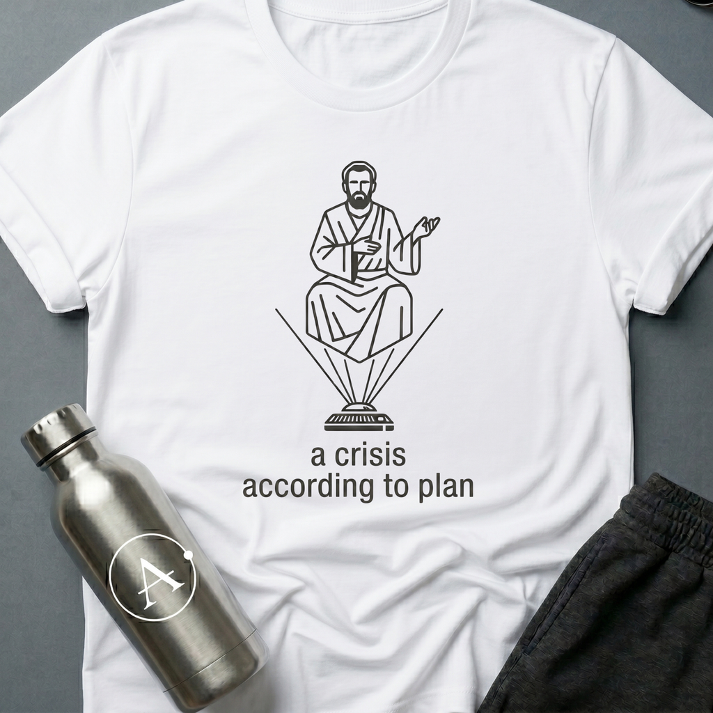 A Crisis According to Plan sci-fi t-shirt — a forecaster who saw the math years before anyone else — White unisex tee — Apsion Outpost